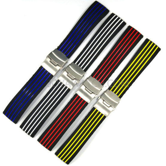 18/20/22/24mm Dual Color Folding Clasp Silicone Rubber Watch Band Stripe Strap JY91531