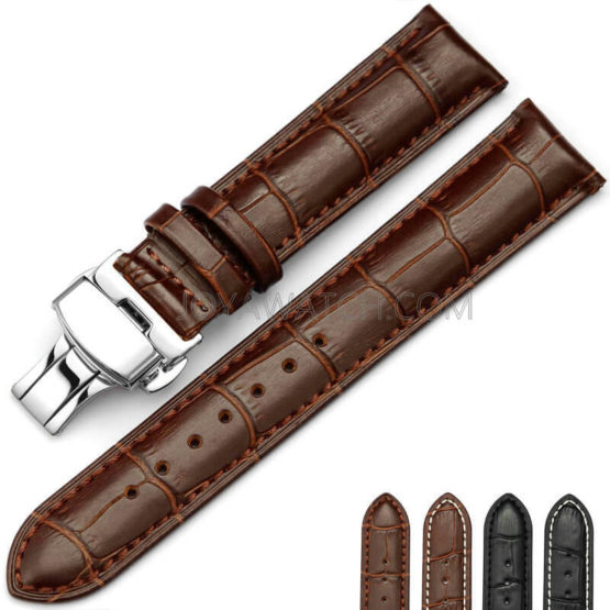 14/16/18/19/20/21/22/24mm Butterfly Clasp Full Grain Genuine Leather Watch Band Strap